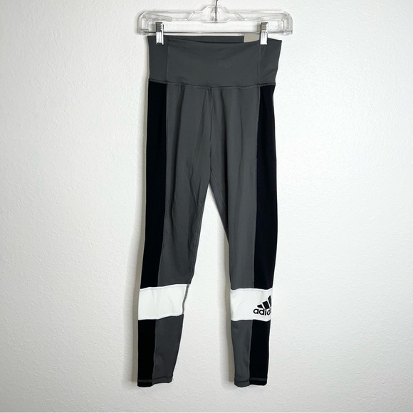 Adidas Leggings Women Small Runnings Soft Gray Black Color Block High Rise W - Picture 1 of 11